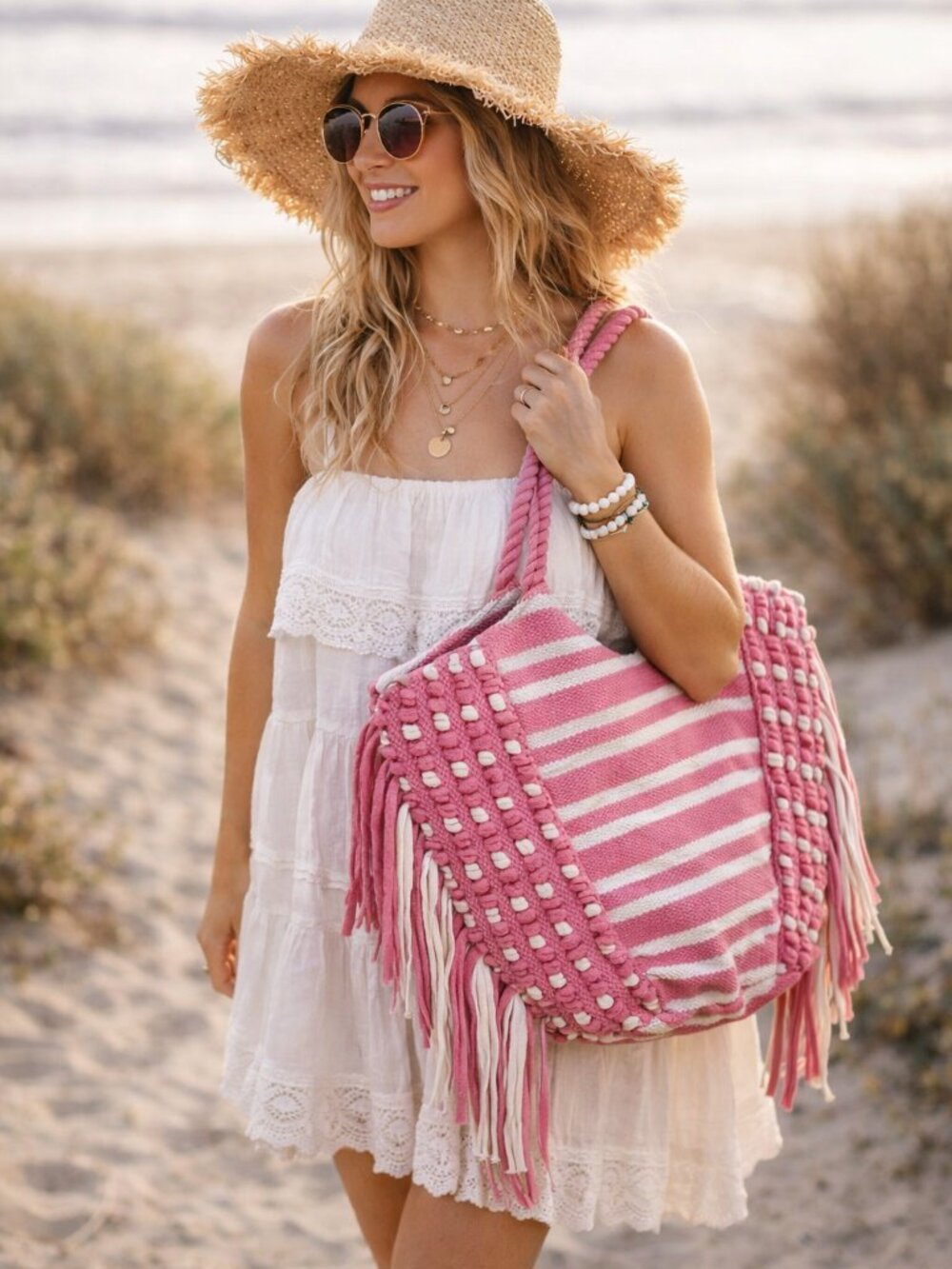 Canvas Rope Pink and White Stripped Fringe Boho Tote